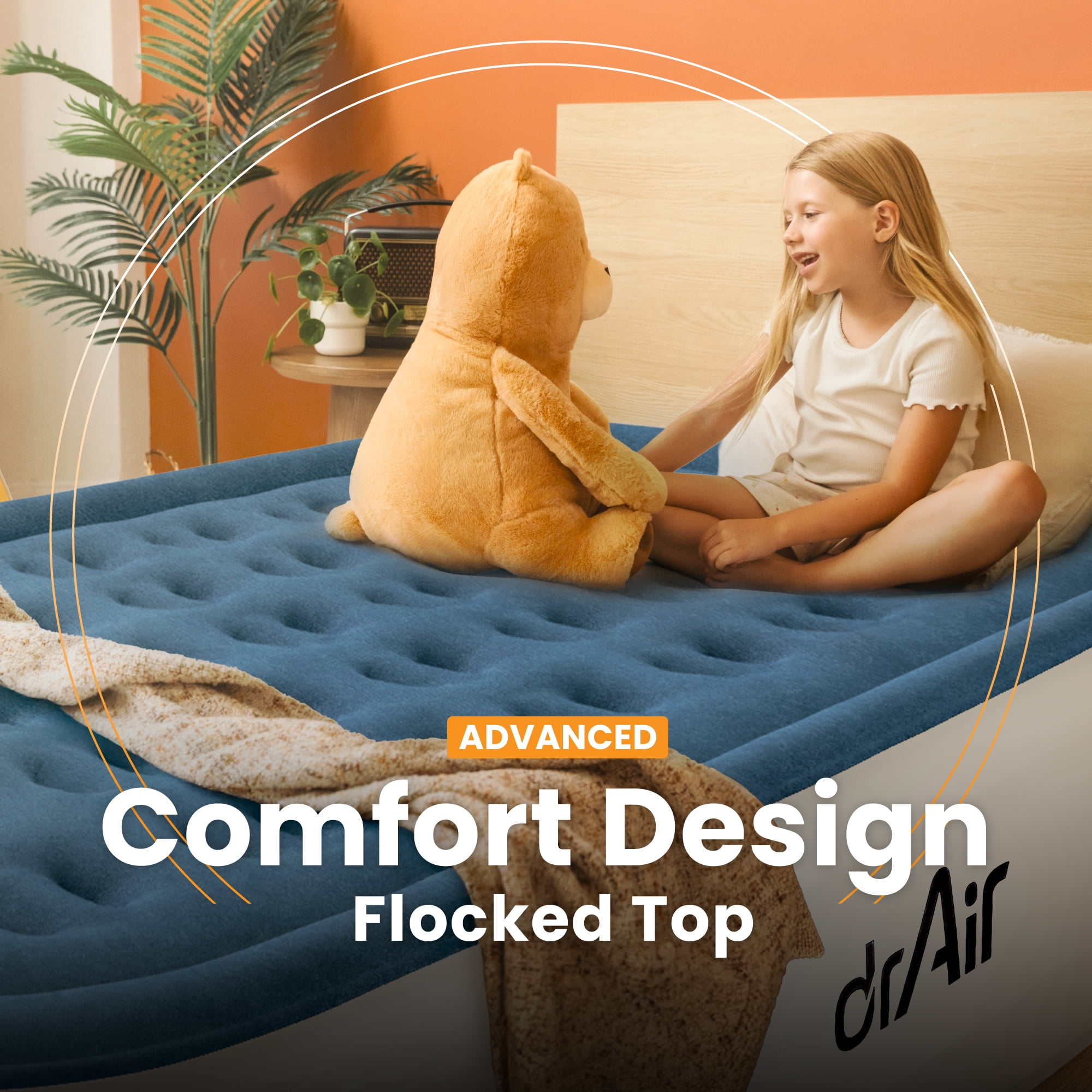 Dr. Air Full Air Mattress, 18” Raised Inflatable Bed with Built-in Pump, Waterproof Velvety Top, Ergonomic Design, Reinforced Support, and Carry Bag for Home, Camping, and Guests