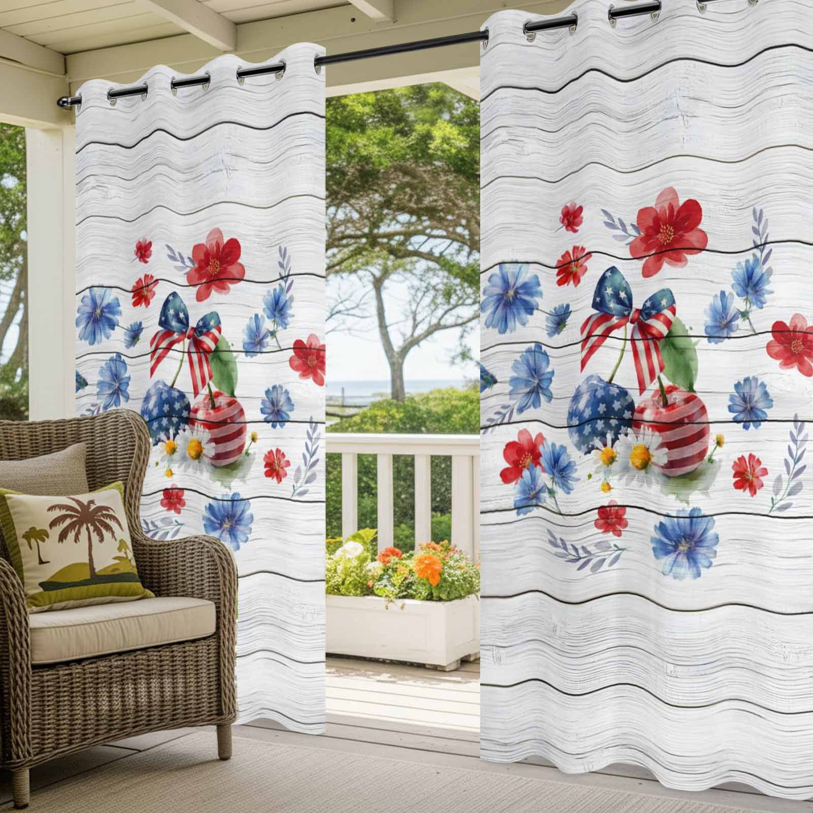 Independence Day Cherry Outdoor Curtains for Patio, Patriotic Red Blue Star Floral Bow Wood Grain Sunshade Privacy Drapes Grommet Waterproof Outside Curtains for Porch Balcony 54"x108", 1 Panel