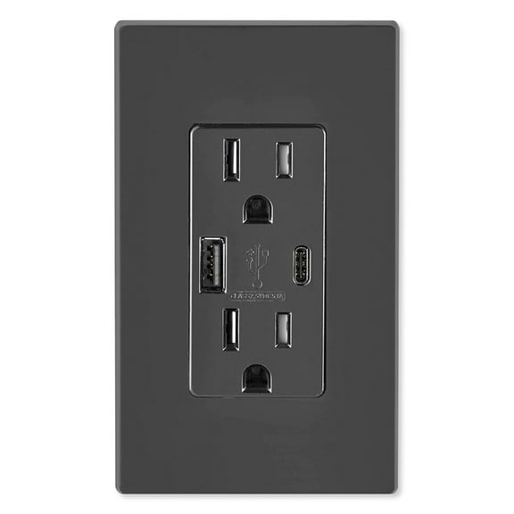 Leviton T5633-E Decora USB Type-A/Type-C Wall Outlet Charger, 15A, Black