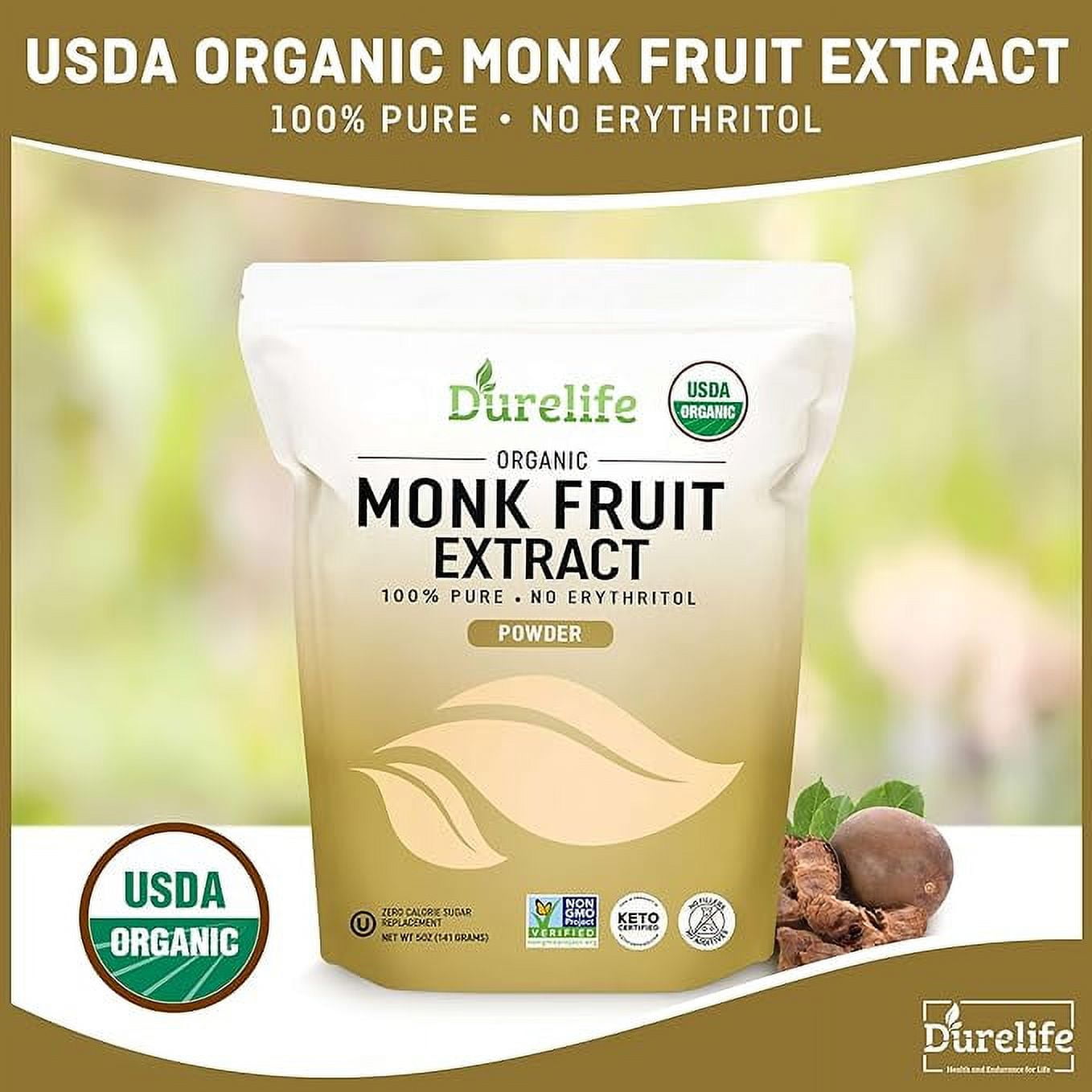 Durelife Organic 100% Pure Monk Fruit sweetener, No Erythritol, Monkfruit Extract Powder, USDA organic NON-GMO Project Verified, Keto Certified, OU kosher No Fillers Zero Calorie Sugar Substitute 5OZ