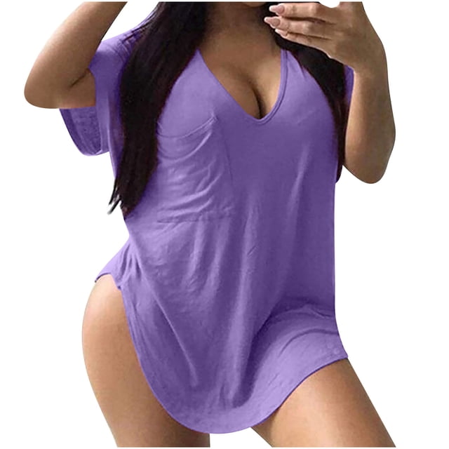 Yuyuzo Plus Size Tops for Women Oversized T Shirts Short Sleeve Shirts Deep V Neck Loose Fitted Tees Solid Color