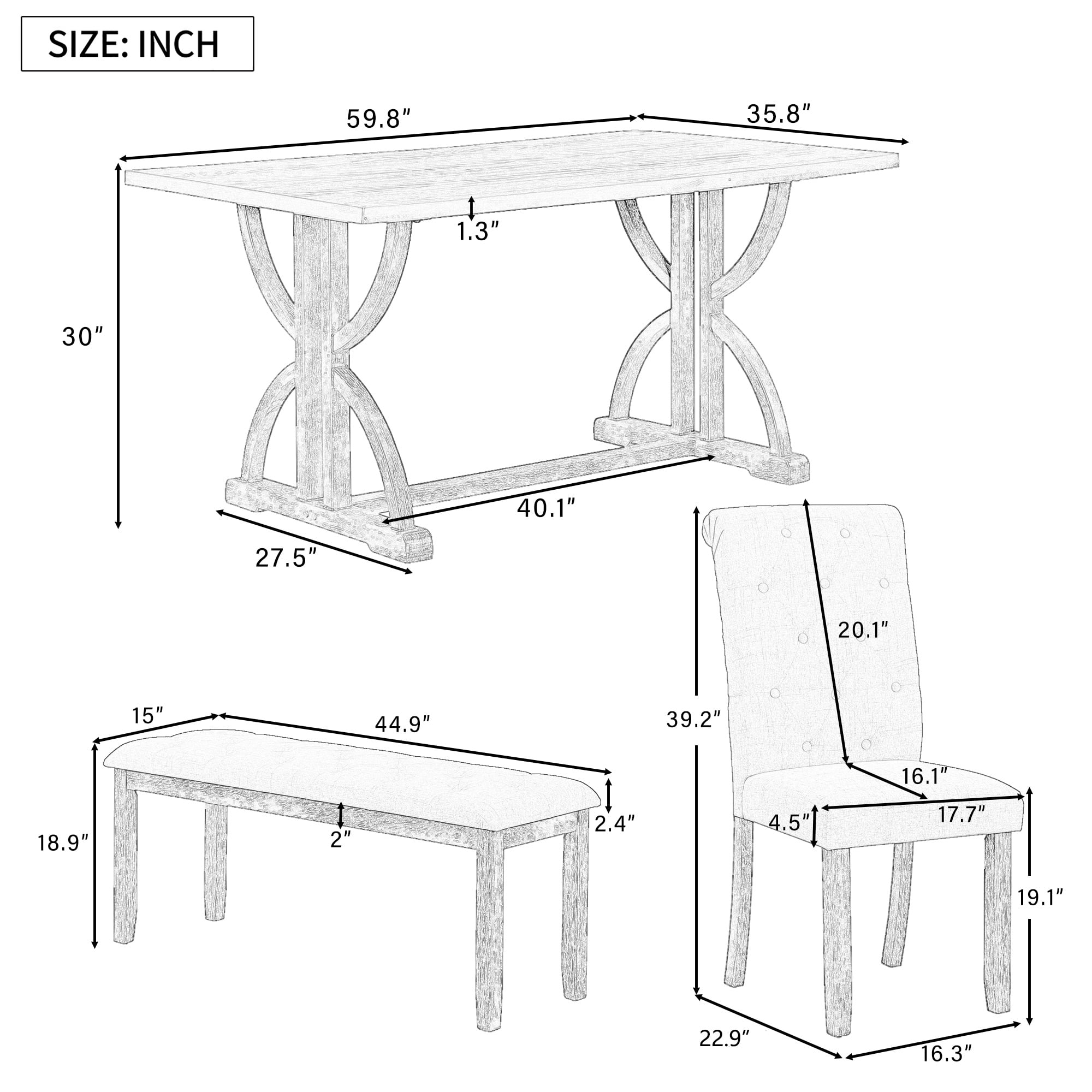 Bellemave 6 Piece Kitchen Dining Table Set, Rectangular Table with 4 Upholstered Chairs and a Bench, Wood Dining Room Table Set for 6 People, Living Room Furniture（Natural Wood Wash）
