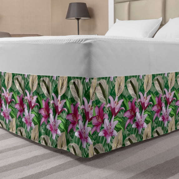 Watercolor Flowers Bed Skirt, Lily Branches Jungle Begonia Leaves Rainforest Wild Aquarelle, Elastic Bedskirt Dust Ruffle Wrap Around for Bedding Decor, 4 Sizes, Magenta Hunter Green, by Ambesonne