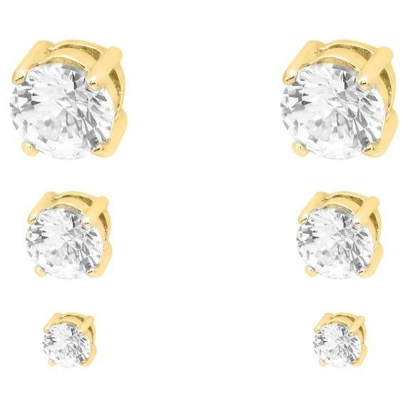 3 Pair Cubic Zirconia Stud Earrings Set - Classic Round Crystal Studs in Gold Tone Jewelry Earring Gold