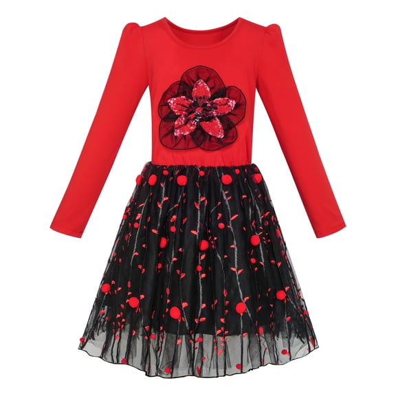 Girls Dress Long Sleeve Cotton Red Flower Christmas Dress 6