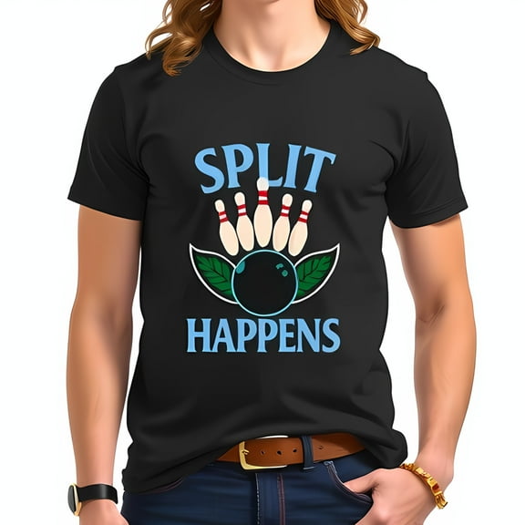 SPLIT HAPPENS Cotton Short Sleeve T-Shirt - Fun Bowling Graphic Design with & Ball in Motif