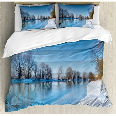 Photo Print Bedding Winter Queen Size Duvet Cover Set, Snow Covered Frozen Winter with Clear Open Sky Photograph Seasonal Image Print, Decorative 3 Piece Bedding Set with 2 Pillow Shams, Blue White Brown, by Ambesonne ()