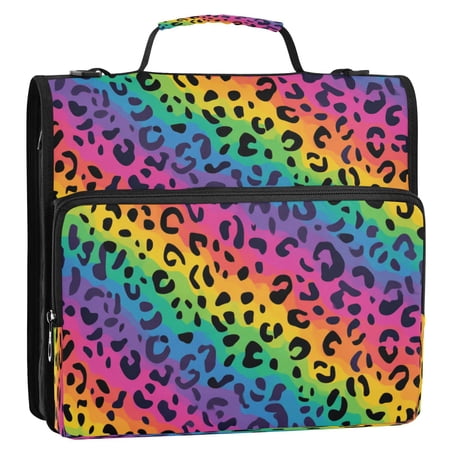 3 Ring Zipper Binder Stationery Organizer for Study Work Home Travel All-Purpose File Folder Storage Bag for Daily Document Organization Bright Rainbow Stripe Cheetah Print