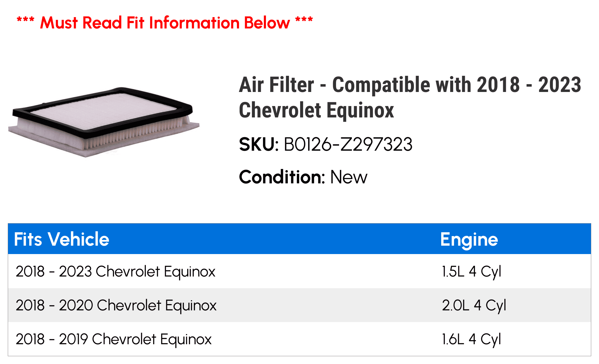 Pronto B0126-Z297323 Engine Air Filter for 2018 - 2023 Chevy Equinox