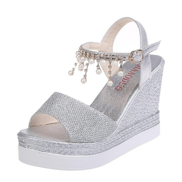 yulier Women's Glitter Platform Wedge Sandals Open Toe Metal Buckle Rhinestones Pearl String Tassel Ankle Strap Wedge Sandal for Party Wedding