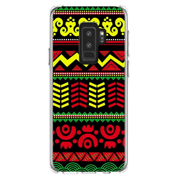 DistinctInk Clear Shockproof Hybrid Case for Samsung Galaxy S9  PLUS (6.2" Screen) - TPU Bumper, Acrylic Back, Tempered Glass Screen Protector - Black Yellow Red Aztec Tribal