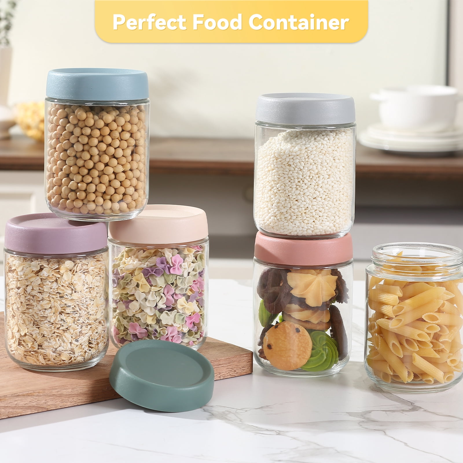 Novelinks 6 Pack 16oz Glass Jars with Colorful Plastic Lids, Airtight Clear Food Storage Containers for Pantry, Spices, Stackable & Reusable Canisters