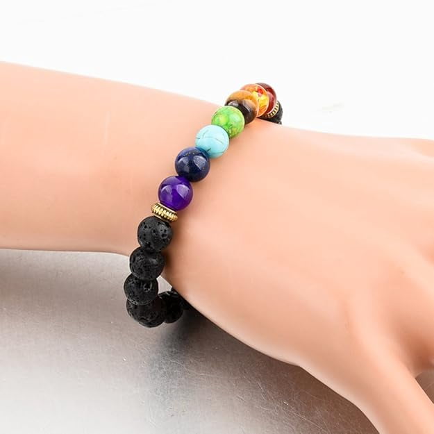 Young & Forever Gift D'Vine 7 Chakra Certified Natural Stones Reiki Healing Meditation and Protection 8-9mm Crystal Beads Multicolor Bracelet for Men and Women