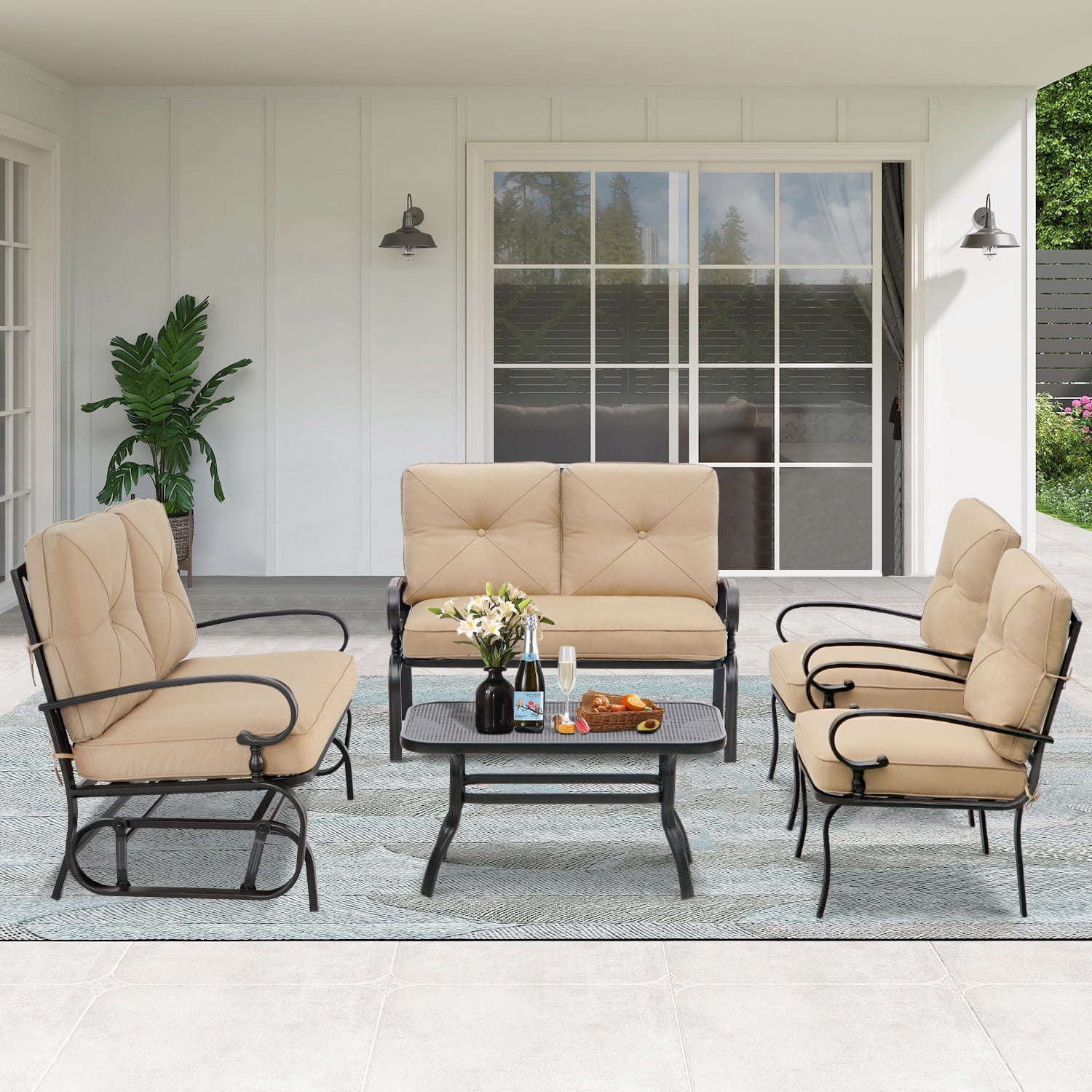 SUNCROWN 5-Piece Patio Furniture Set Outdoor Metal Conversation Set, Brown