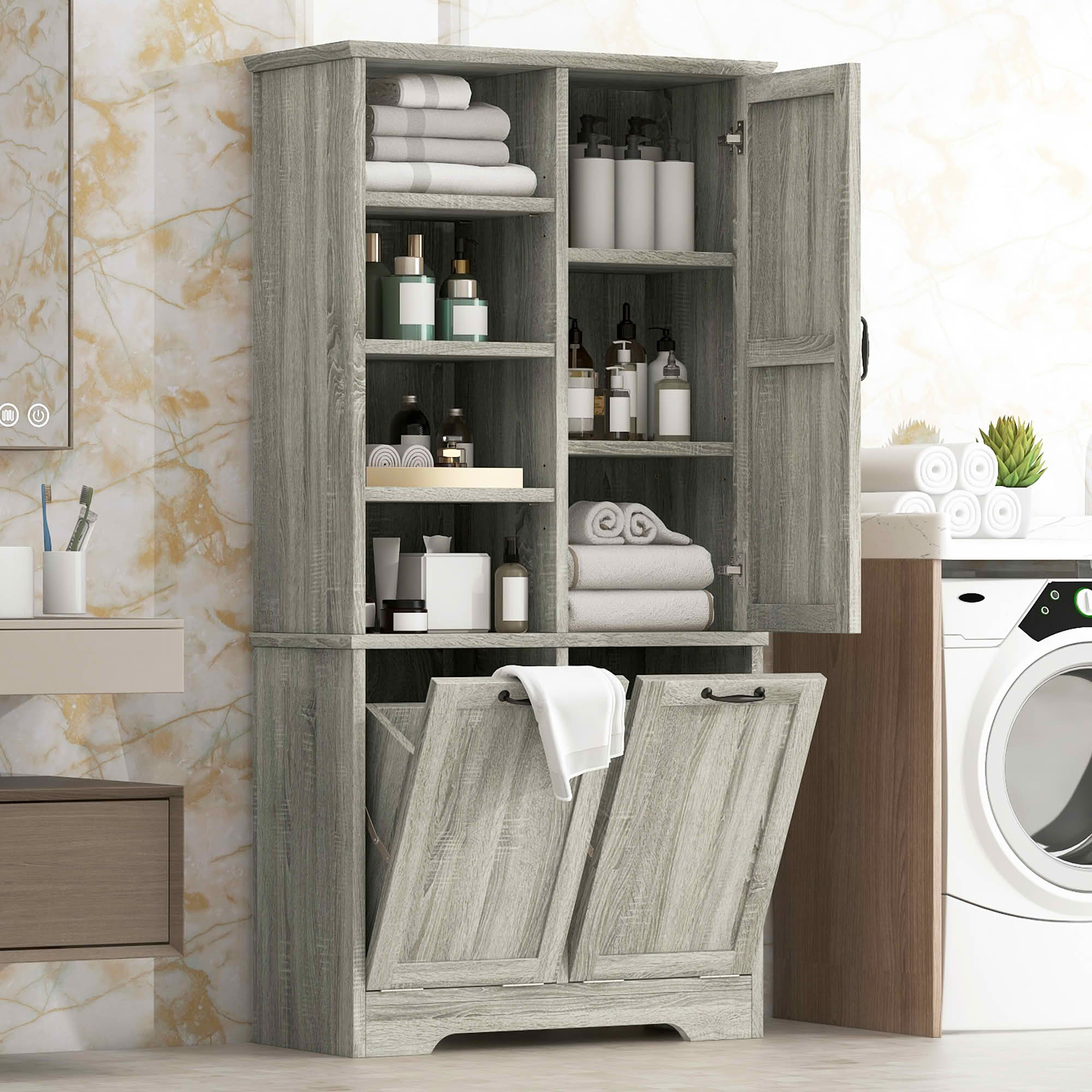 MAYEERTY Bathroom Storage Cabinet with Doors Drawers, Tilt-Out Laundry Hamper Open Adjustable Shelf, Freestanding Multi-Storage, Oak