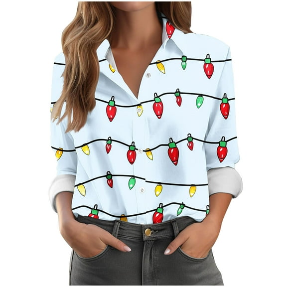 Makaor Button down Shirt Women Christmas Plus Size Collared Tops Graphic Long Sleeve Pullover Tees Cute Outfits Clothes