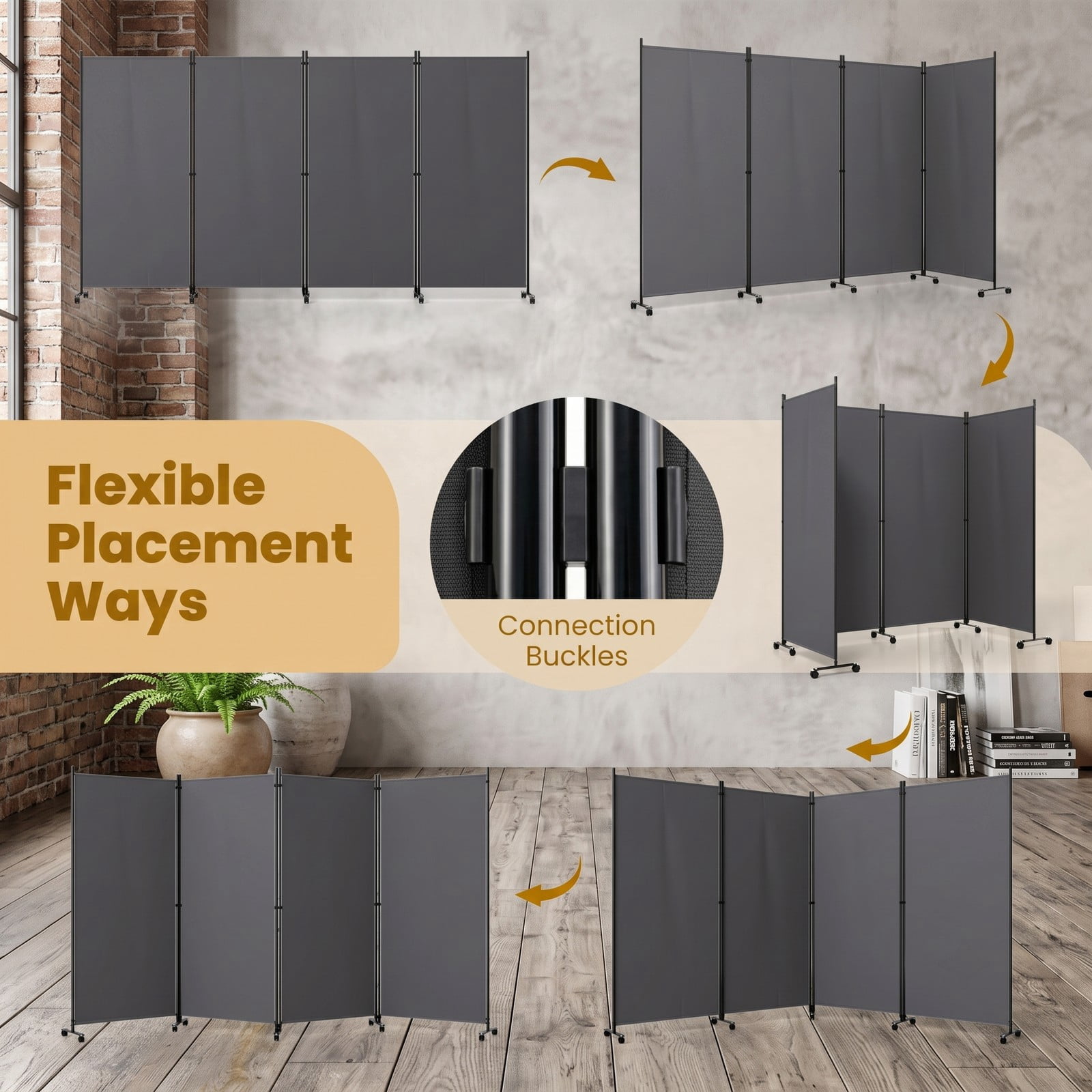 Fenbeli 4 Panel Folding Room Divider Privacy Screen with Wheels, Freestanding Polyester Fabric Partition with Metal Frame for Living Room Bedroom Office, Gray