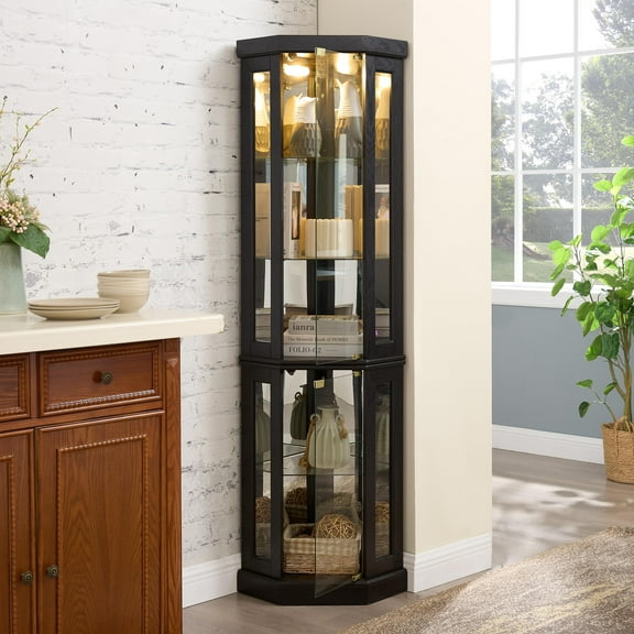 SESSLIFE 70" Corner Curio Cabinet with Glass Doors and Lighting, Black Lighted Curio Cabinet with 5-Tier Adjustable Shelves for Display, Easy Assembly