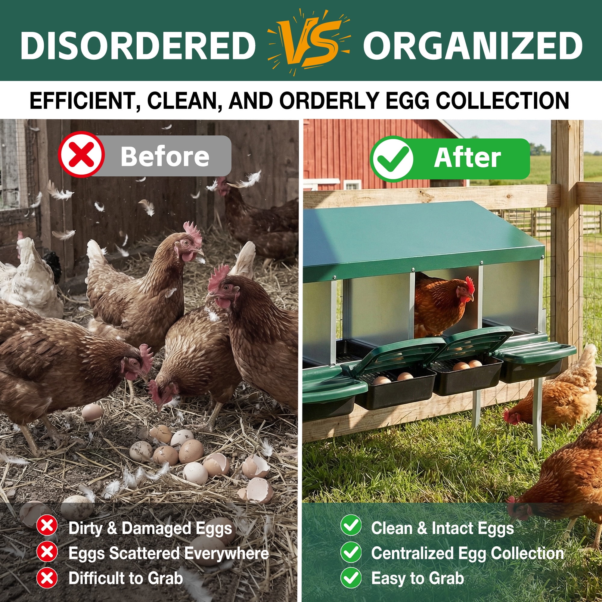 4-Hole Chicken Nesting Box with Legs & Lid Cover, Galvanized Steel Freestanding & Wall-Mount Egg Laying Box, Green Poultry Nest Box for Coop Farm