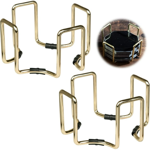 D'Eco Gold Coaster Holders (2 Pack) - Iron Non-Skid & Non-Scratch Holders Protect Tabletops - Fits 5 Coasters 4" to 4.25" in Size - Holiday Xmas Gift - Octagonal Design Holds Coasters of Any Shape