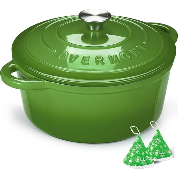 Overmont Enameled Cast Iron Dutch Oven - 5.5QT Pot with Lid, Cookbook & Potholders, for Braising & Roasting - Green