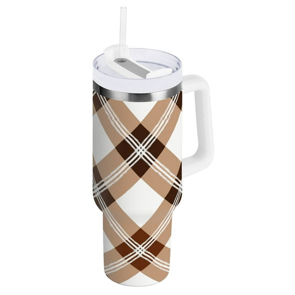 JSTEL Brown Grid Checkered 30 oz Tumbler Stainless Steel Water Bottle Vacuum Insulated Cup with Straw Lid & Handle For Travel Car Cup Holder