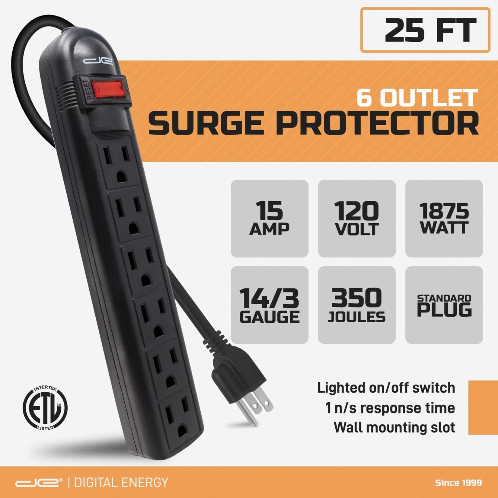Digital Energy DSS5-1013-BLK 6-Outlet Surge Protector Power Strip with 25-Foot Cord (Black)