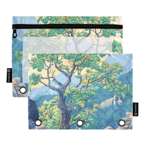 FORMRS 2 Pack Pencil Pouch for 3 Ring Binder with Clear Window Zipper Case, Beige Tree