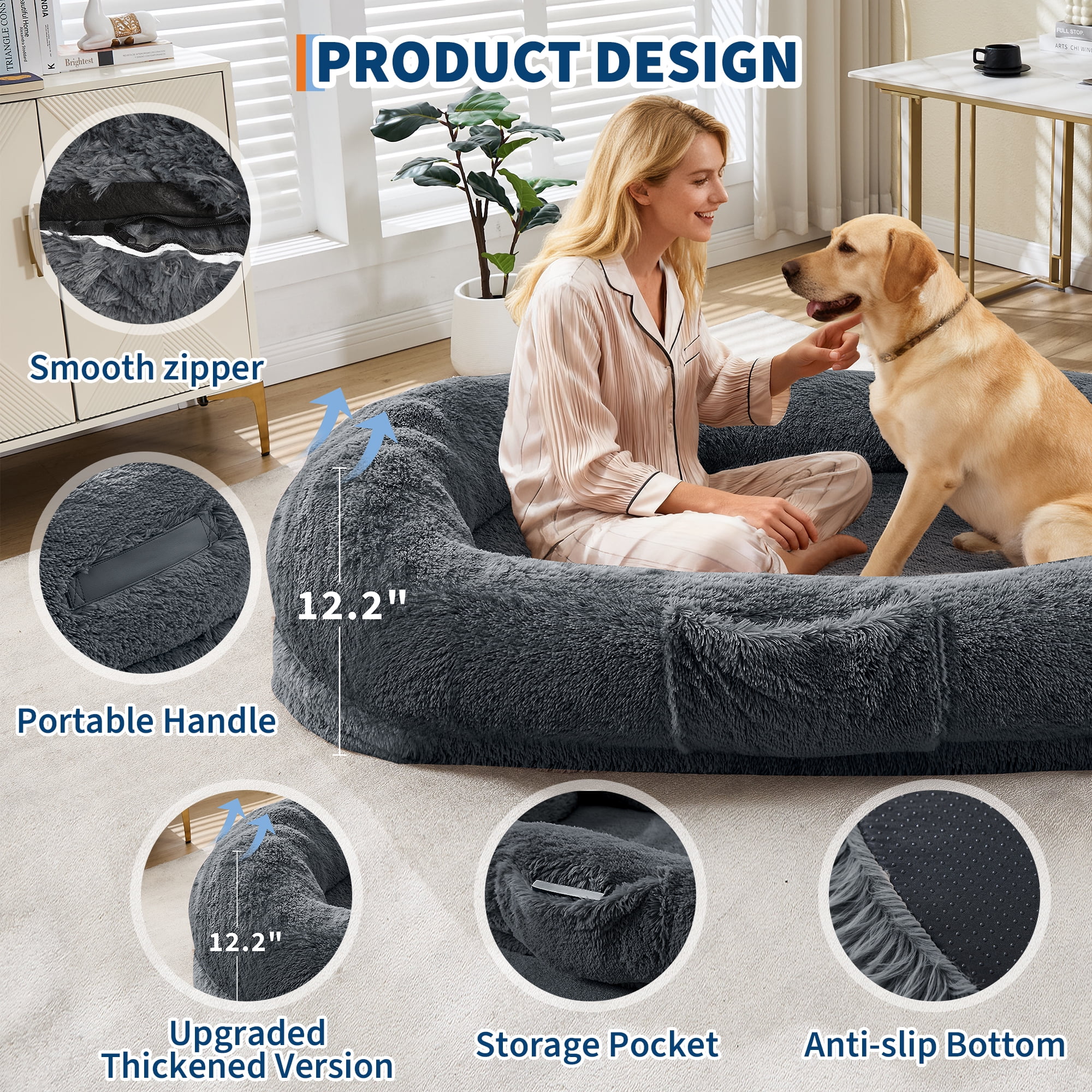 Danolapsi Human Dog Bed for Adult and Pets. Washable  Faux Fur. Napping Orthopedic Dog Bed with Side Pocket. Strap.No Assembly Required
