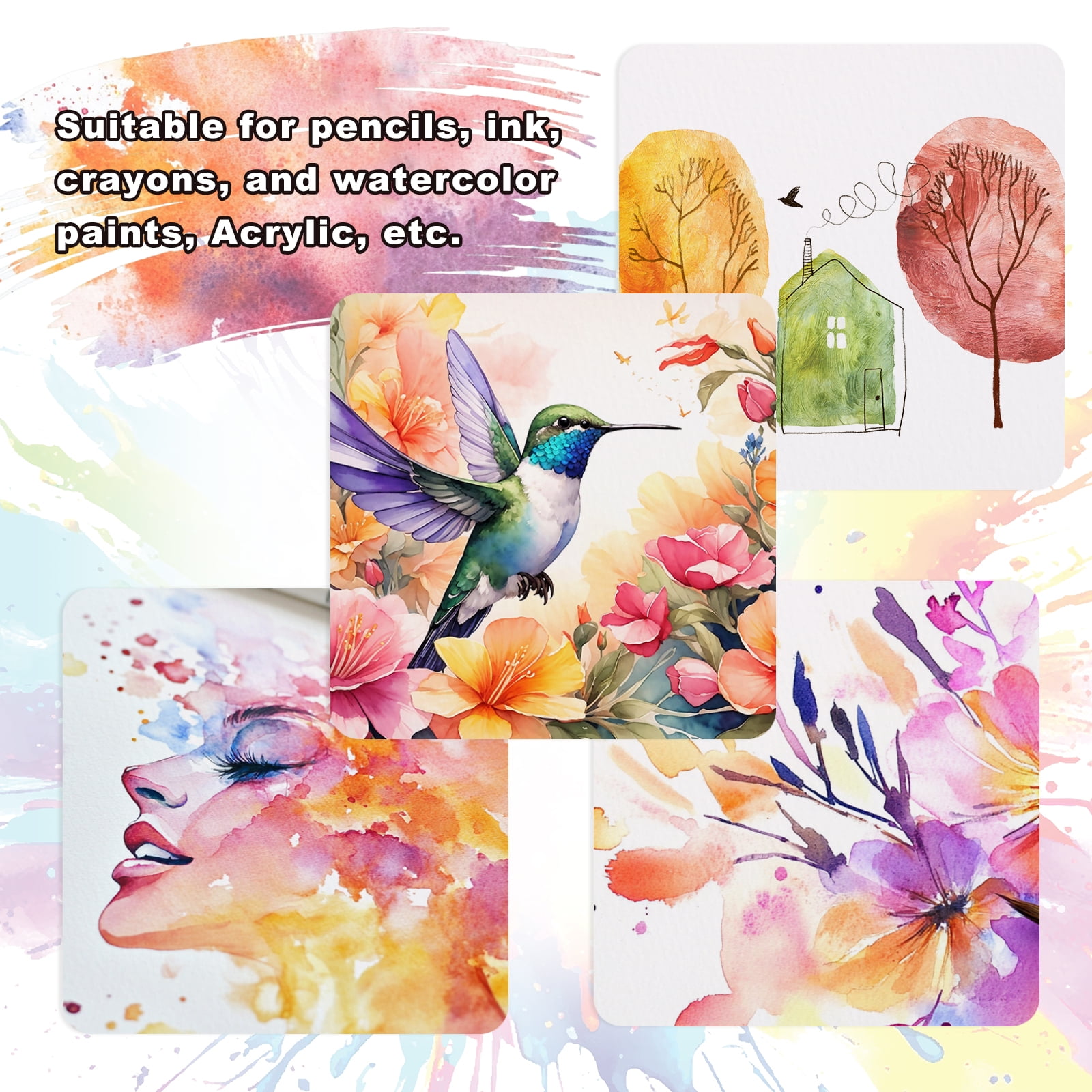 Uxcell 50 Sheets Cotton Watercolor Paper 300 GSM Paint Paper Round Corner 8x6 Inch