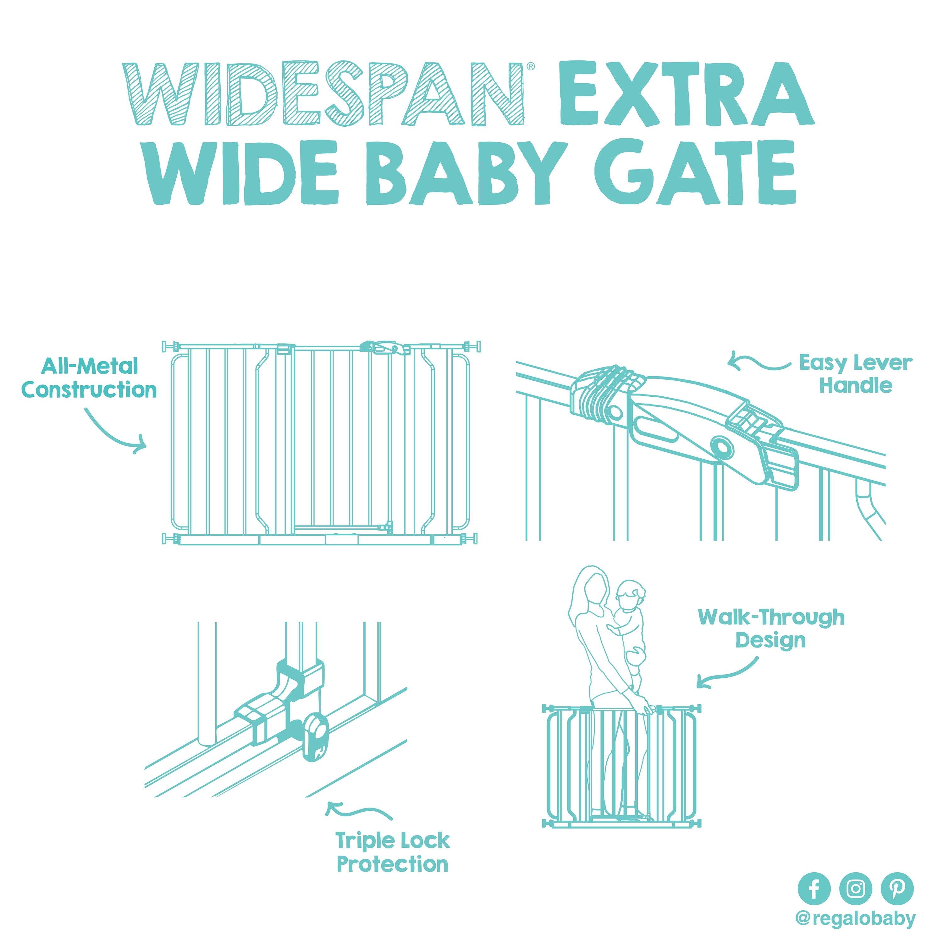 Regalo 56 Inch Extra Wide Walk-Through Baby Safety Gate, White