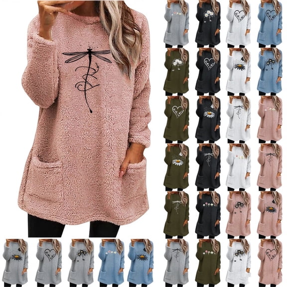 WXLWZYWL Womens Fuzzy Fleece Pullover Sweatshirt Long Sleeve Crew Neck Loose Fit Tunic Tops with Pockets Fall Winter Warm Tops