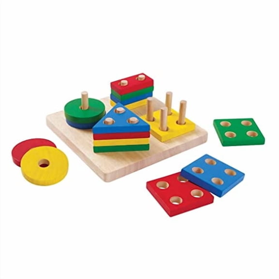 Wooden Geometric Sorting Board Sustainably Made from Rubberwood and Non-Toxic Paints and Dyes