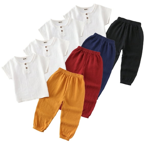 Kkkded Boys Girls Solid Color Cotton Linen Pants Two-Piece Set for Kids Baby Spring Summer Short-Sleeved Solid Colour Tops Set 12 Months - 8 Years
