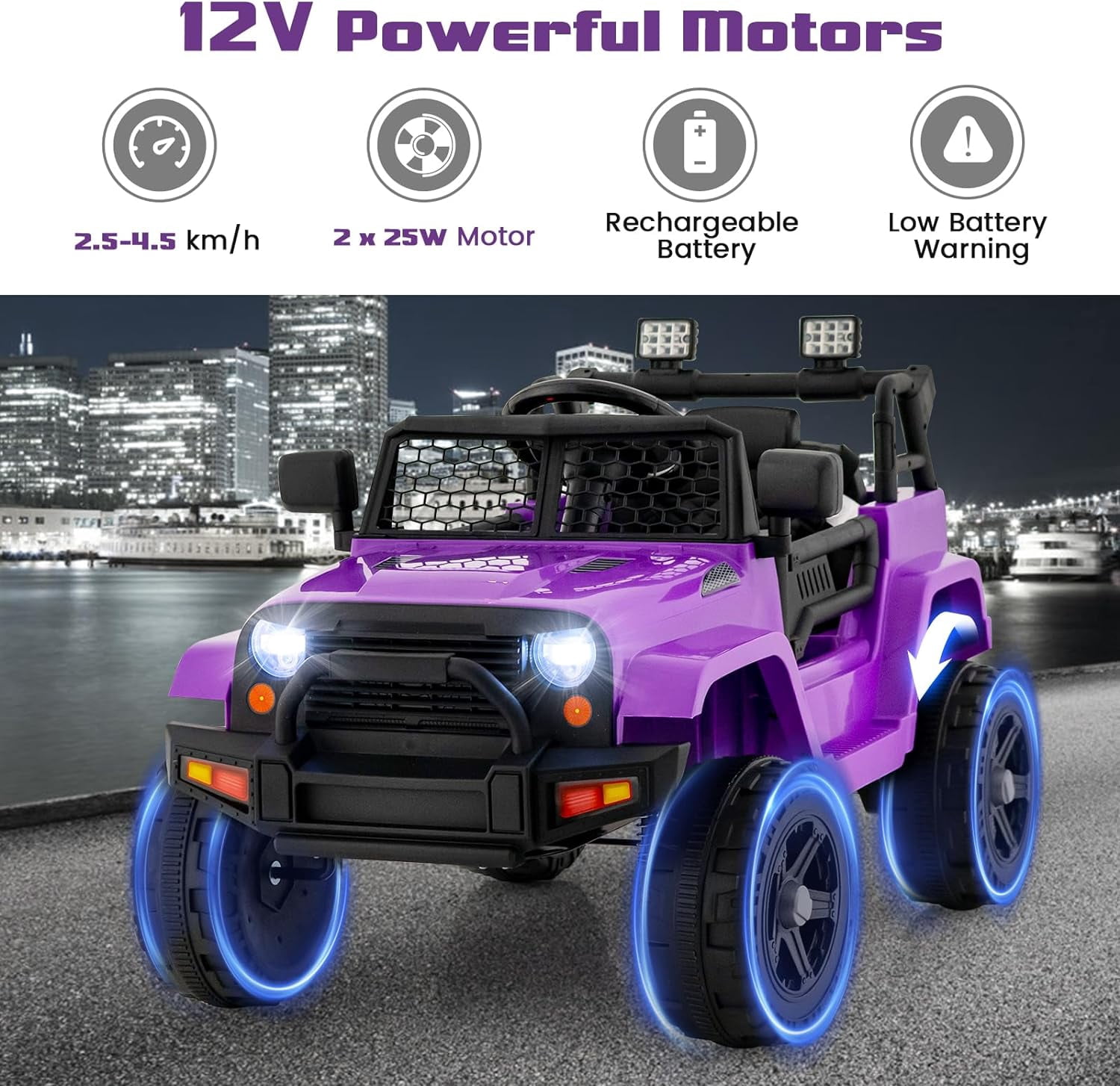 OLAKIDS Kids Ride On Truck, 12V Electric Vehicle Car with Remote Control, Toddlers Battery Powered Toy with 2 Speeds, Spring Suspension, Double Open Doors, LED Lights, Music, USB, Mp3 (Purple)