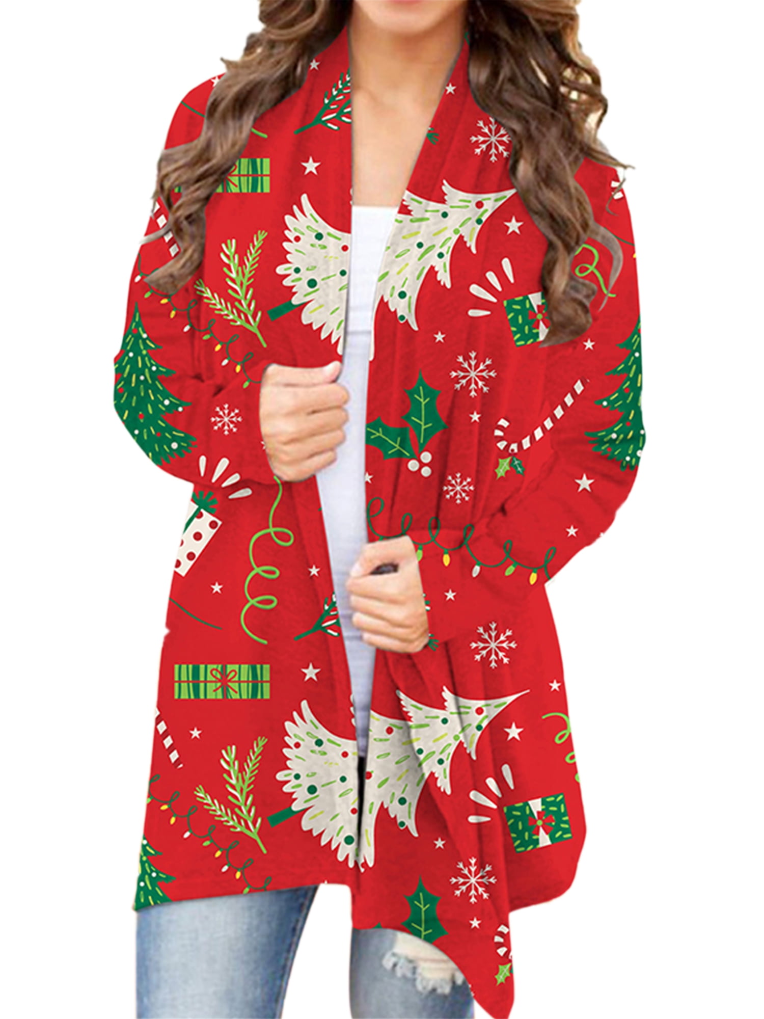 Women Cute Christmas Print Long Sleeve Cardigan Casual Santa Claus Open ...