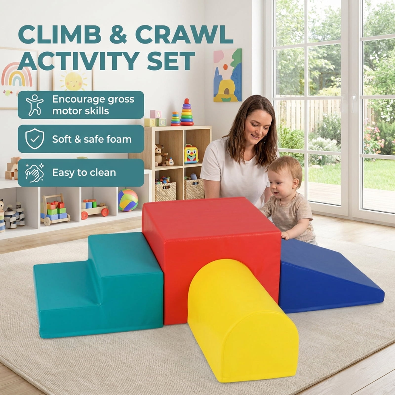 Redsmile Foam Climbing Blocks for Babies, Climb and Crawl Play Set with Tunnel Slide and Rocker, Soft Infant Play Gym, Red