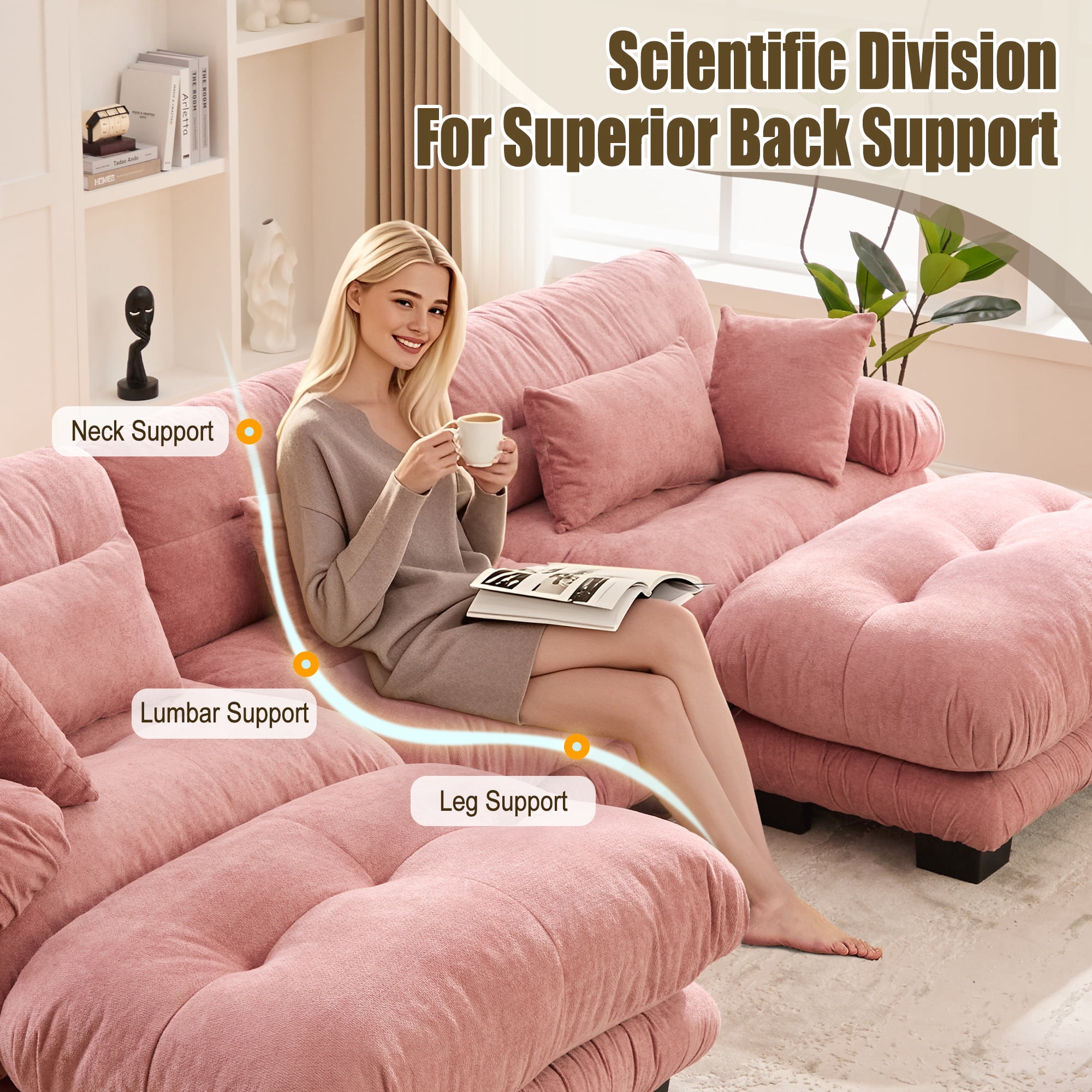 MOONMISS Velvet Upholstered Oversized U-shaped Tufted Free Combined Sectional Sofa with Bolster Armrest Pillows-Pink