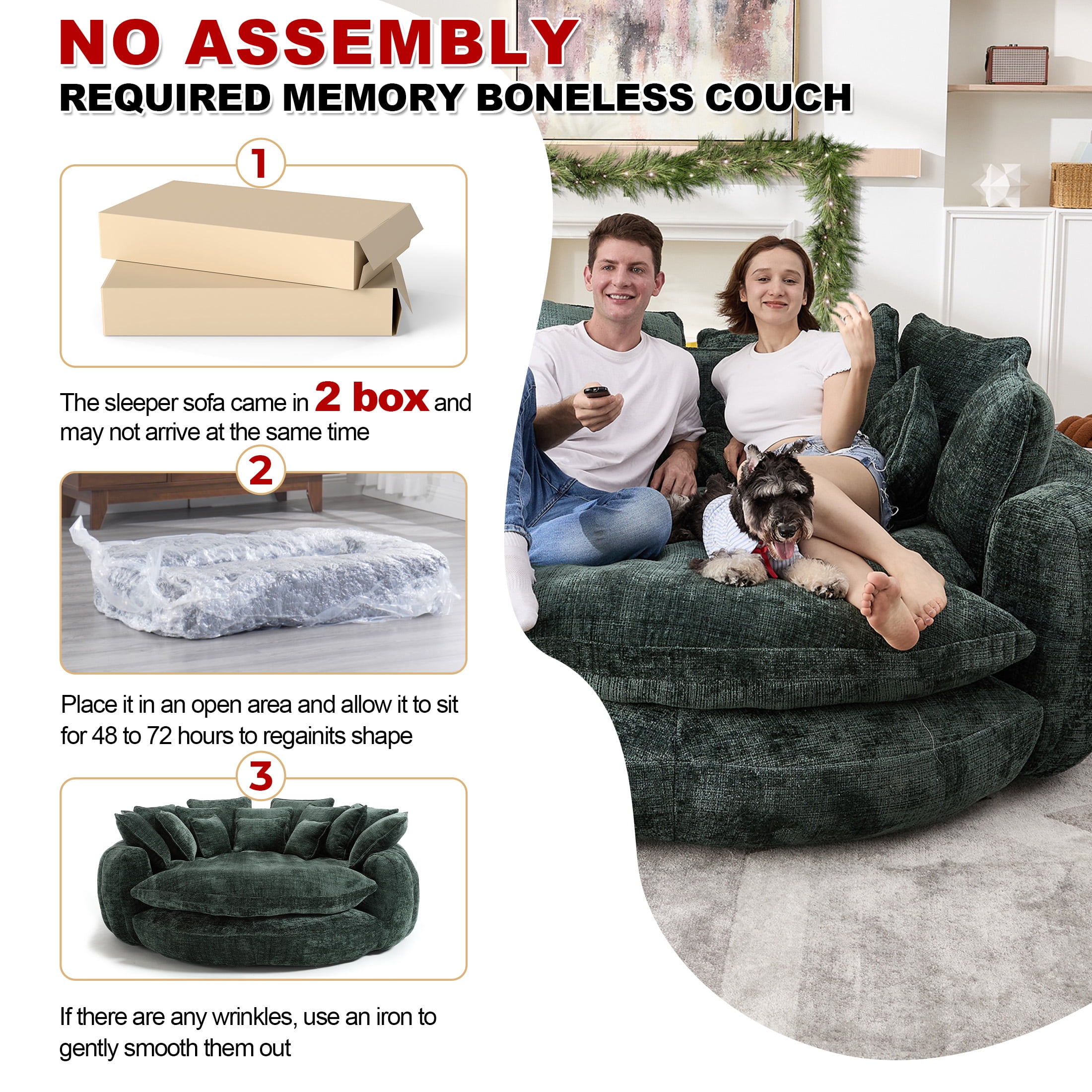 Aukfa 81.1" Oversized Cloud Couch Sleeper Sofa with Round Chaise Lounge, Modern Chenille Upholstered Boneless Sofa with Memory Foam and 14 Pillows, Emerald