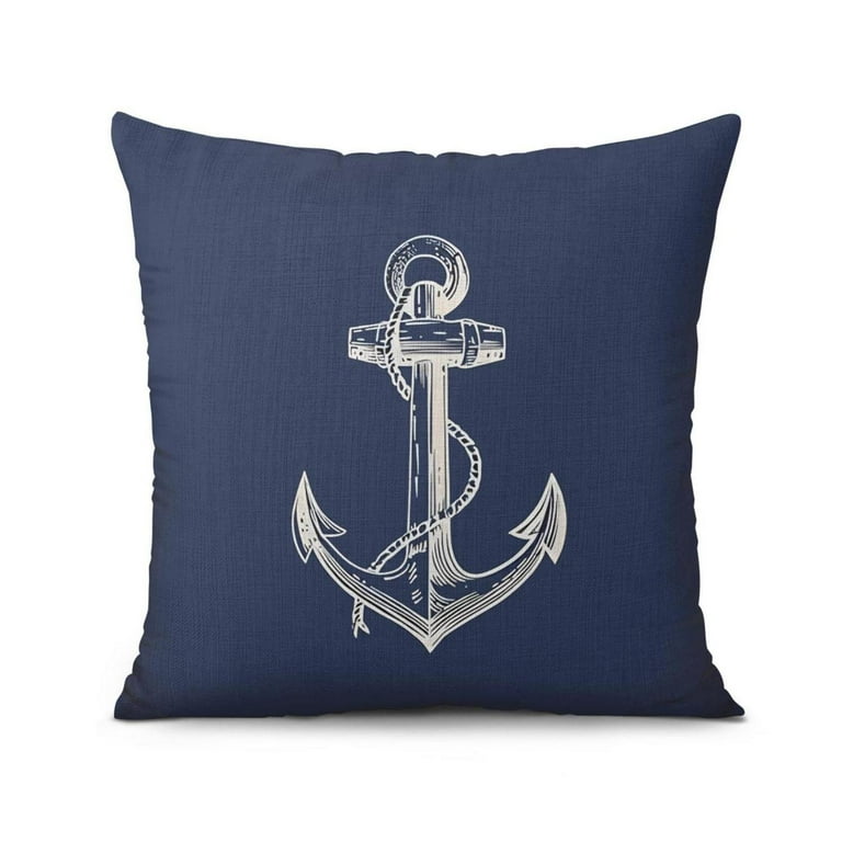 Nautical Navy Blue Throw Pillow Covers Set Of 2, 18x18 Inch - Anchor Helm Compass Design, Cotton Linen, Zipper