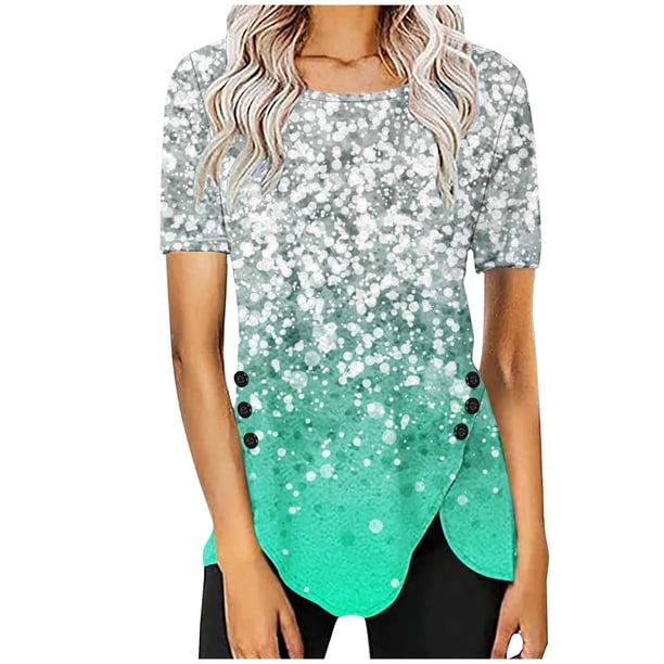 Blusas de Manga Corta para las Mujeres Botón Impreso Cuello Redondo Top Casual, Blusas para las Mujeres Casual