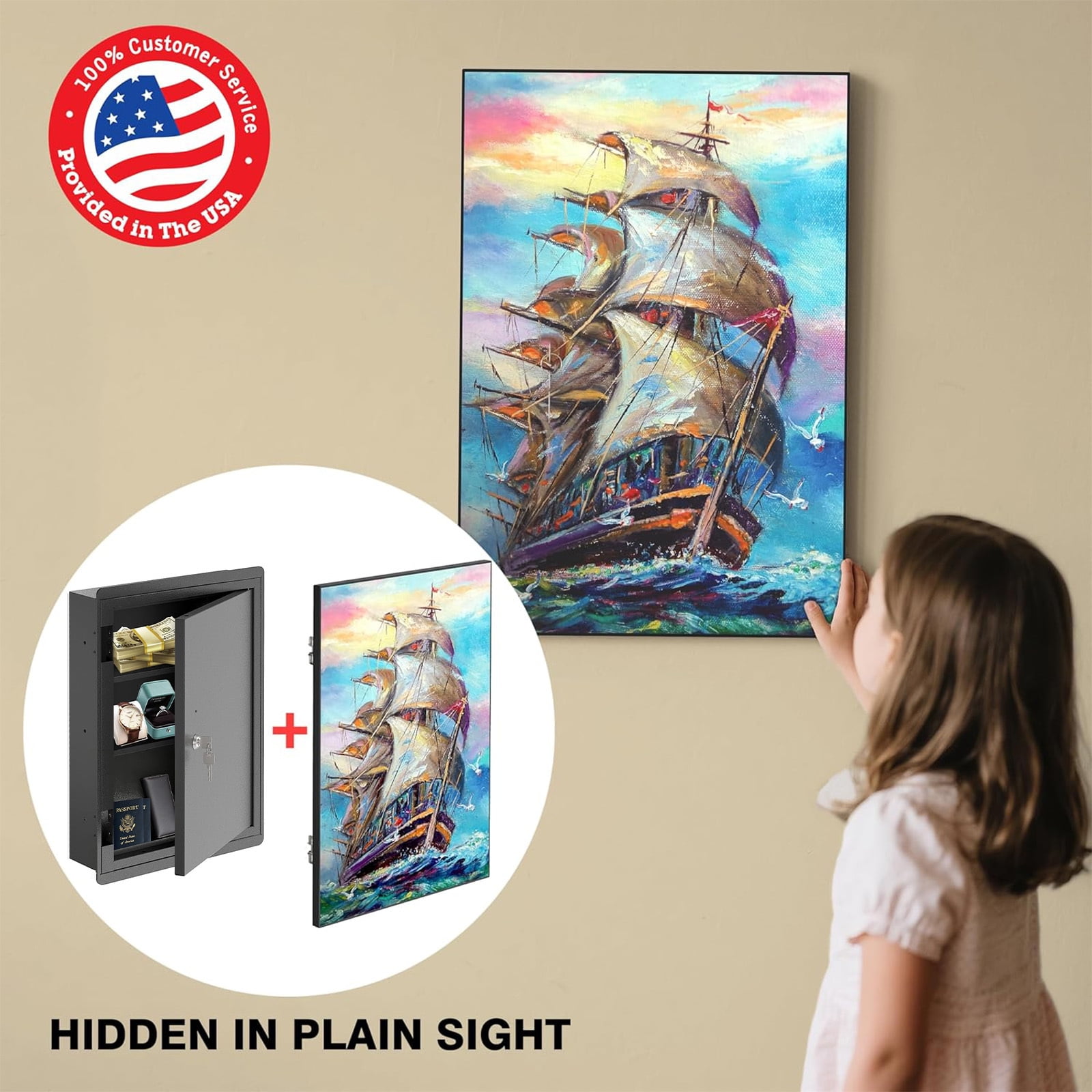POCHAR Picture Hidden In-Wall Safe with Key Lock - Heavy-Duty Steel Lockable Wall Safe Box for Jewelry, Cash, and Documents (Sailing)