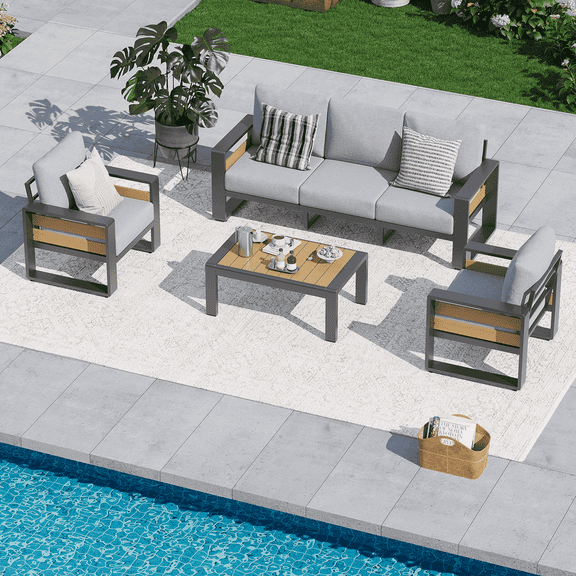 Dateyes 4 Piece Aluminum Patio Furniture Set, 5-Seat Luxury Outdoor Sectional with 6" Olefin Fabric Cushions, Light Grey