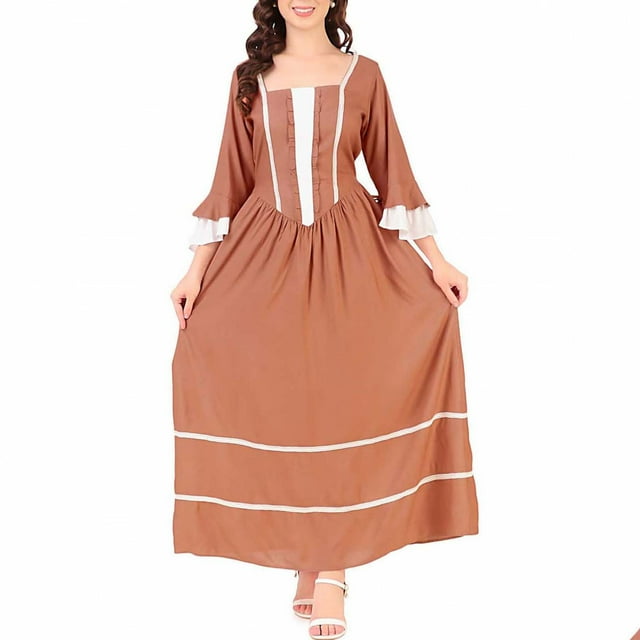 LOVZFMLL Renaissance Costume Women Medieval Peasant Maxi Dress Square Neck Ruffle Sleeve Long Dress Halloween Cosplay Costume