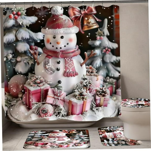 Christmas Bathroom Set,Christmas Shower Curtain Set, 4PCS/Set Cute Snowman Christmas Bathroom Sets with Non Slip Floor Mat, U-Shaped Rugs, Toilet Lid Cover ＆ Shower Curtain with 12 Hooks