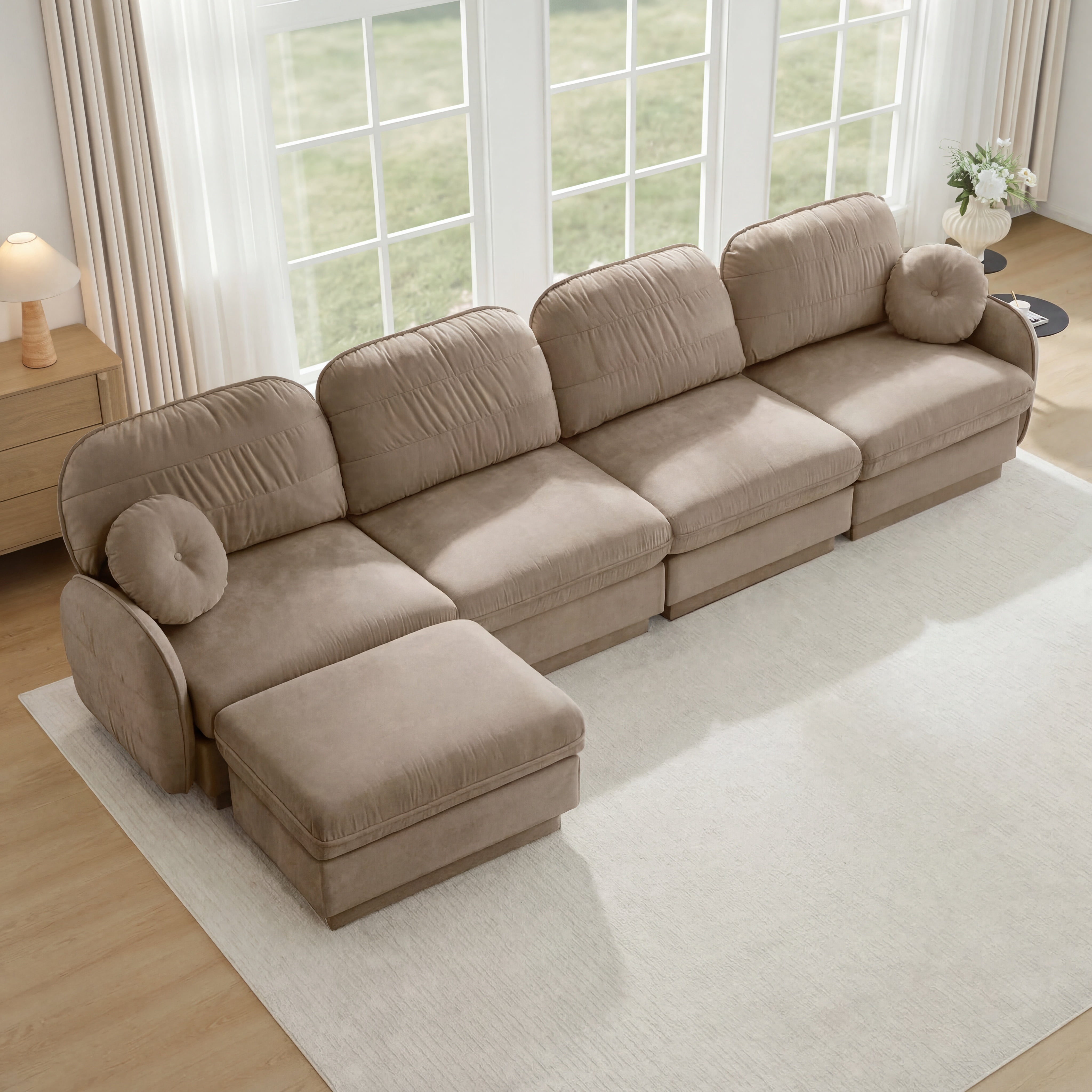 Mintazer 137" Chenille Cloud 4-Seater Modular Sectional Sofa with Movable Ottoman & Round Pillows, L-Shaped Ergonomic Sofa Couch for Living Room, Apartment, Light Coffee