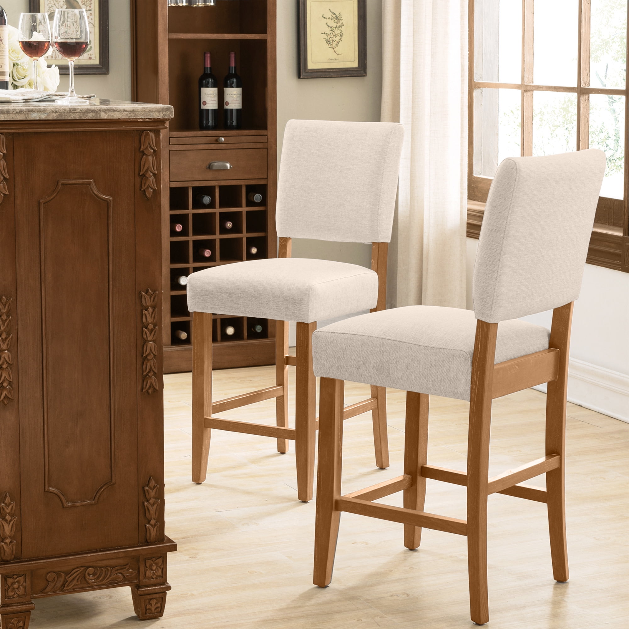 Solid Wood Counter Stool with Upholstered Back and Seat, 36-39 in. Counter Height, Set of 2