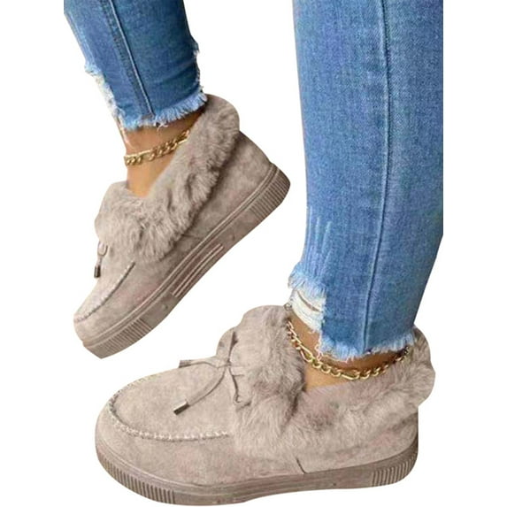Eloshman Mcassins Slippers for Women Winter Warm Plush Lined Ankle Boots Flat Non-Slip Shoes