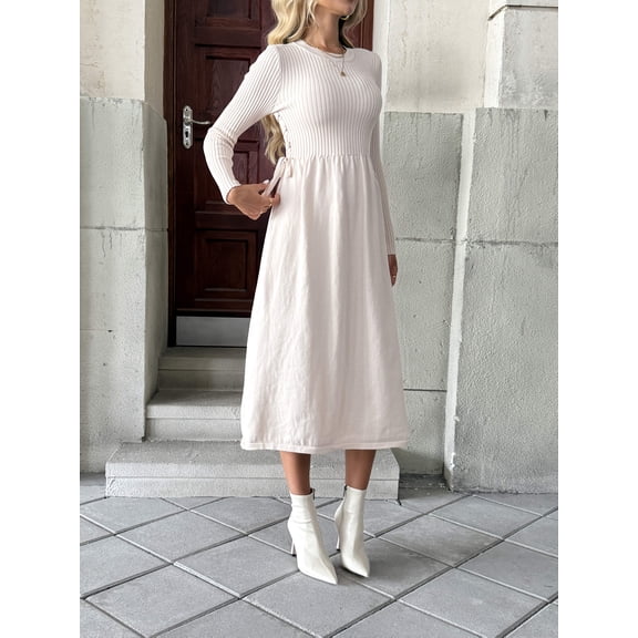 Elegant Apricot Ribbed Long - Sleeve Dress