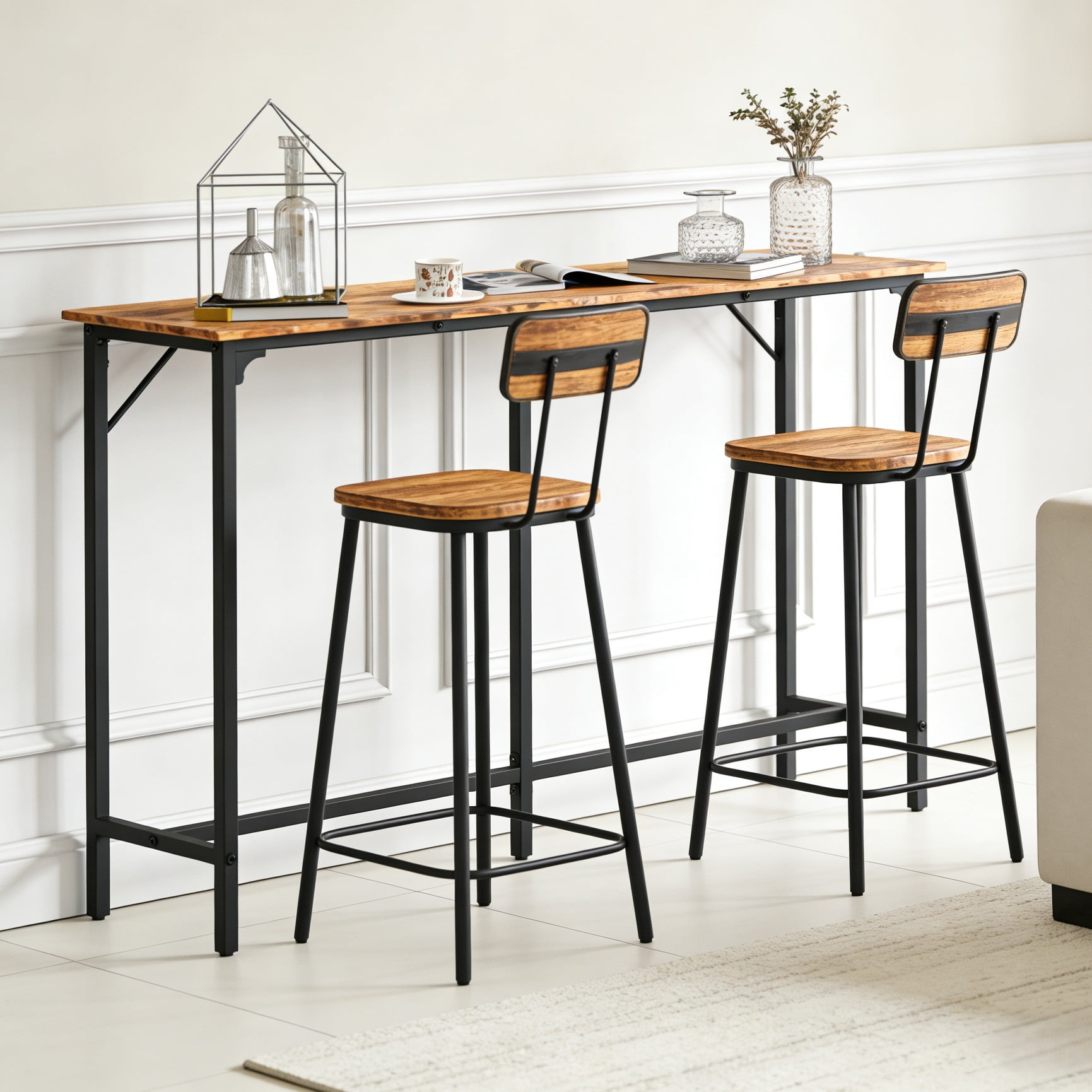 Zimtown 63" Long Counter Height Pub Table with Footrest, Tall Bar Table fro Kitchen, Dining Room, Multifunctional Dining Table Sturdy Metal Frame, Brown